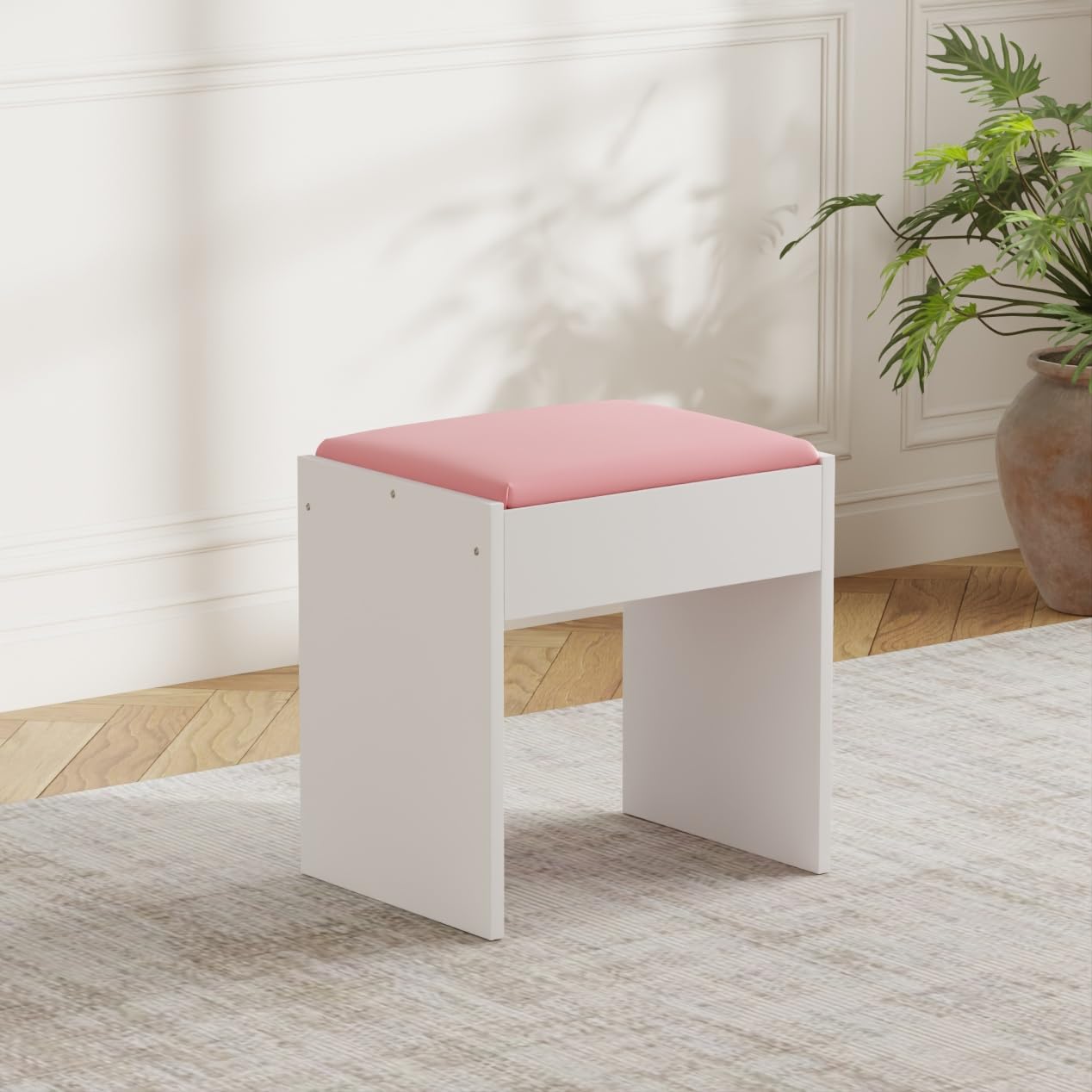 LSBIKE Schminktisch Hocker Dressing Table Hocker, Barockstil Vanity Hocker mit Weichem PU Lederkissen, Robuster Rahmen,Schlafzimmerhocker Stuhl für Make-up, Klavier, Eingang, Schnelle Montage (Rosa)