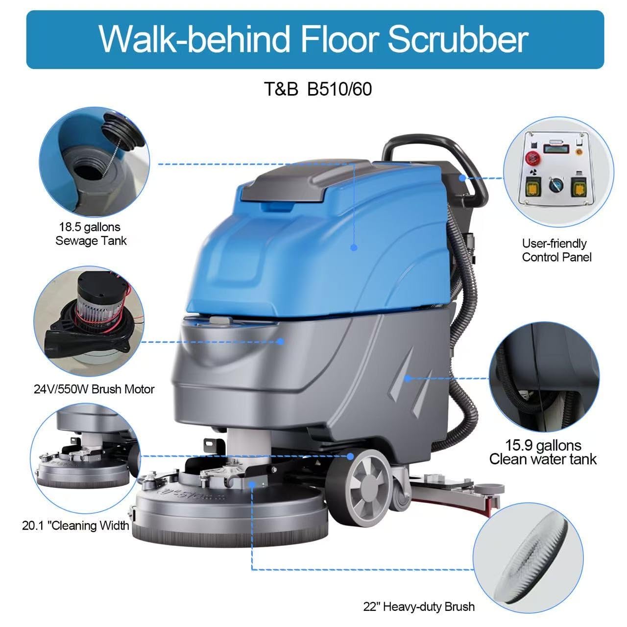 T&B B510/60 Walk-Behind Floor Scrubber Machine, 20" Cleaning Width, 34" Heavy-Duty Brush, 15.9 Gal Clean Water Tank