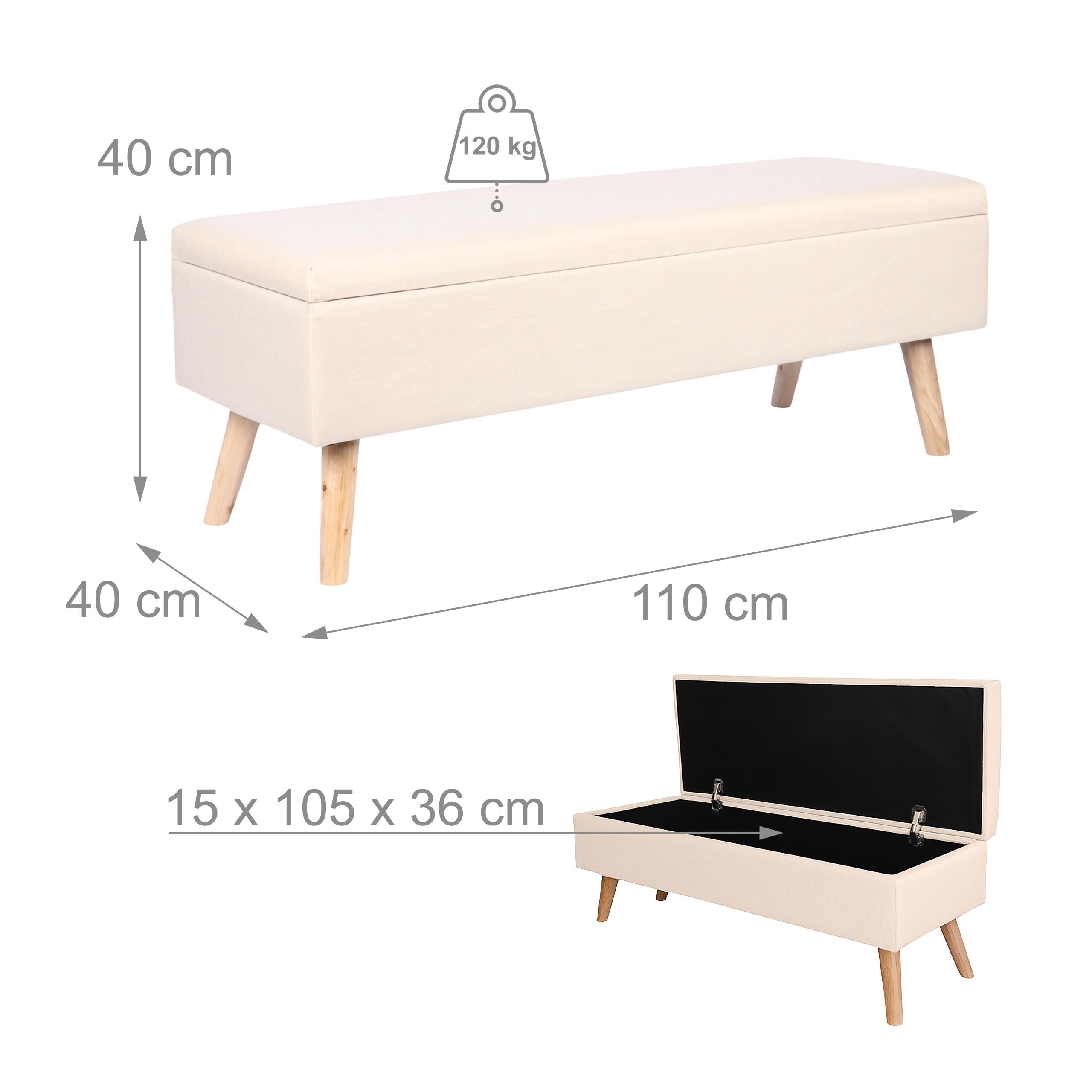 Panca Relaxdays in Lino, con Contenitore, HxLxP: 40 x 110 x 40 cm, Gambe in Legno, Panca Imbottita Beige