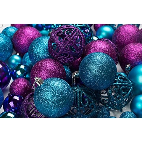 100 Purple and Blue Christmas Ornament Balls Shatterproof + 100 Metal Ornament Hooks, Hanging Ornaments for Indoor/Outdoor Xmas Christmas Tree, Holiday Party, Home Décor Sizes, 1.2" 1.6" & 2.4" Cover