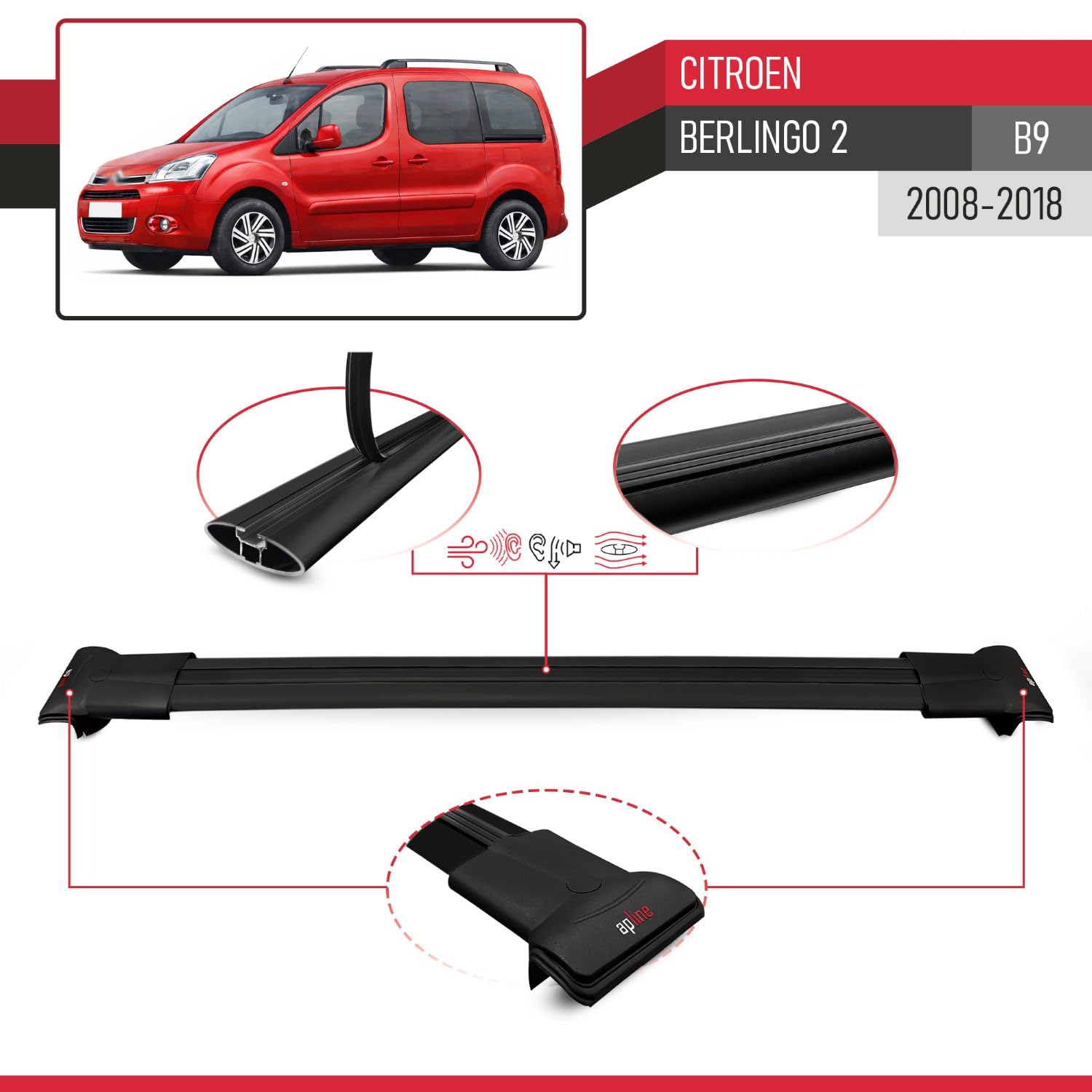 Compatible con Citroen Berlingo 2 (B9) 2008-2018 Modelo Fly Barra de Techo Auto Portaequipajes Barras Transversales Negro Aluminio 2 Barras