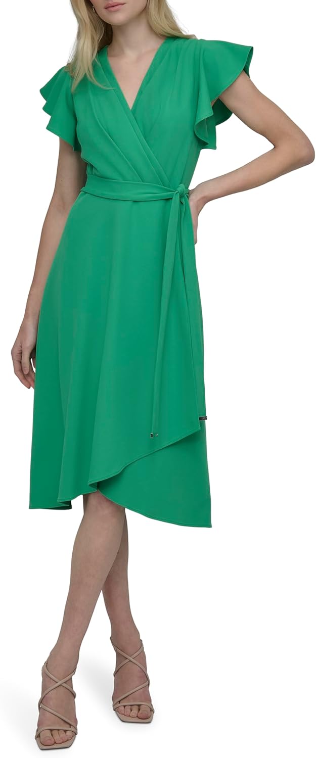 DKNY Womens Flutter Sleeve Tie Fit & Flare Midi Dress - Image 2
