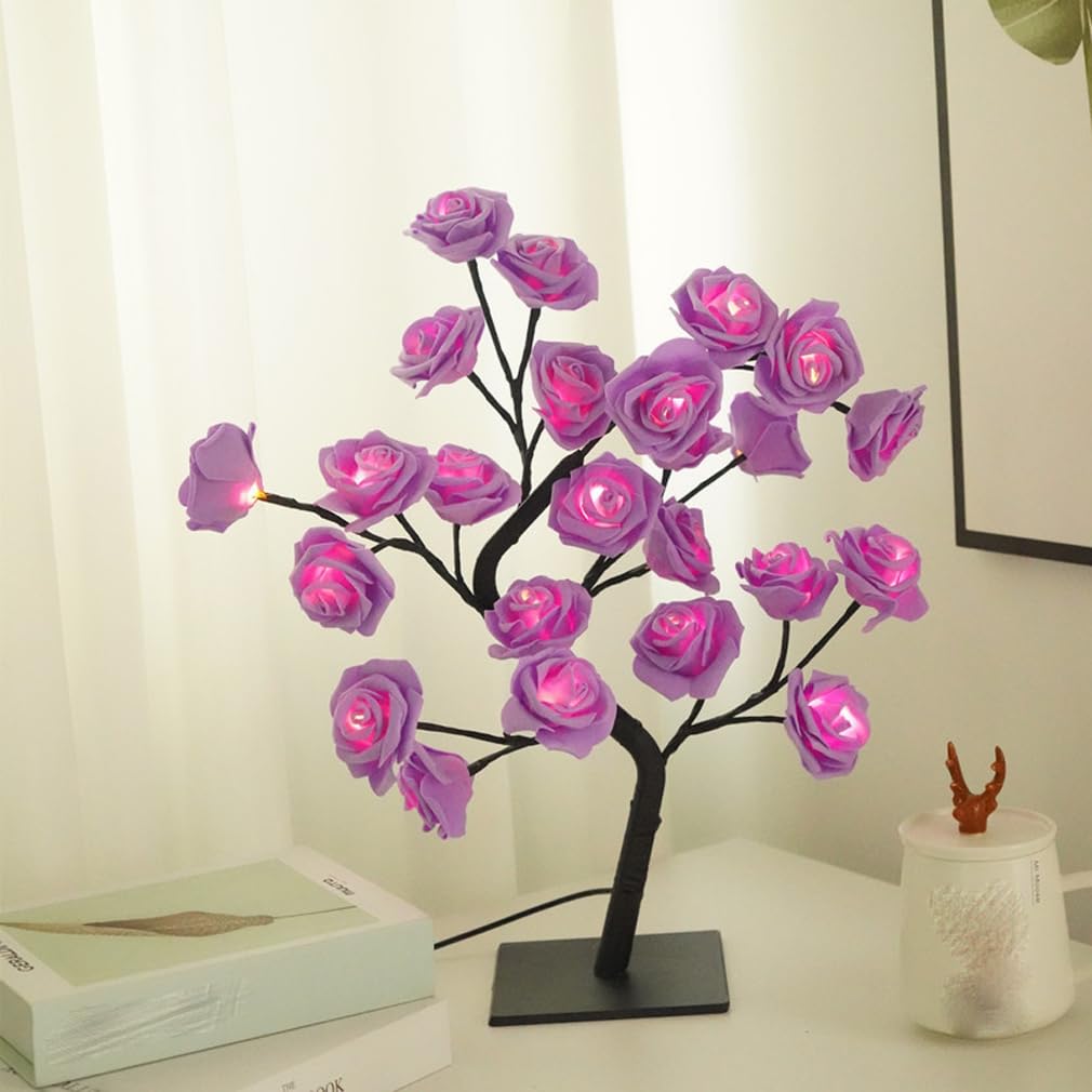 Tree Lamp, Colorful Light Up LED Rose Tree Table Lamp, Rose Flower Tree Night Light, Rose Flower Fairy Lamp, USB Operated Artificial Tree Light Decoration for Home Wedding Valentine's Day (Purple)
