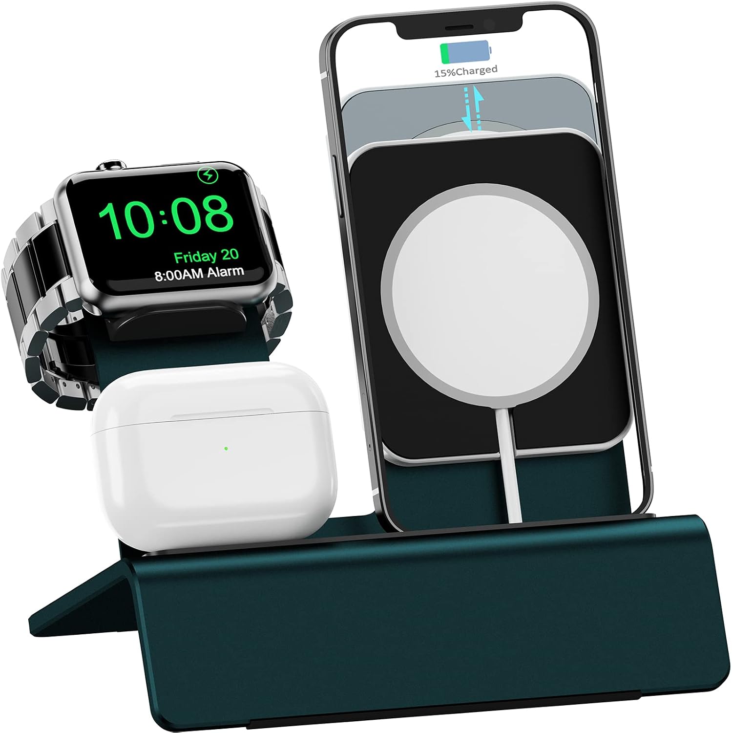 OLEBR Aluminum Charging Stand for Apple Device 3 in 1 charger stand holder Compatible with Magsafe Charger iWatch Charger AirPods Pro/2/1 and iPhone Stand holder(Charger & Cable Required)-Pacific Blue