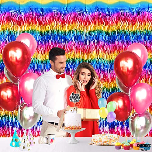 Katchon, Wave Rainbow Metallic Fringe Curtain - Large, 6.4X8 Feet, Pack Of 2 | Rainbow Metallic Streamers | Rainbow Tinsel Curtain, Rainbow Decorations | Pride Streamers, Pride Birthday Decorations #TOP6
