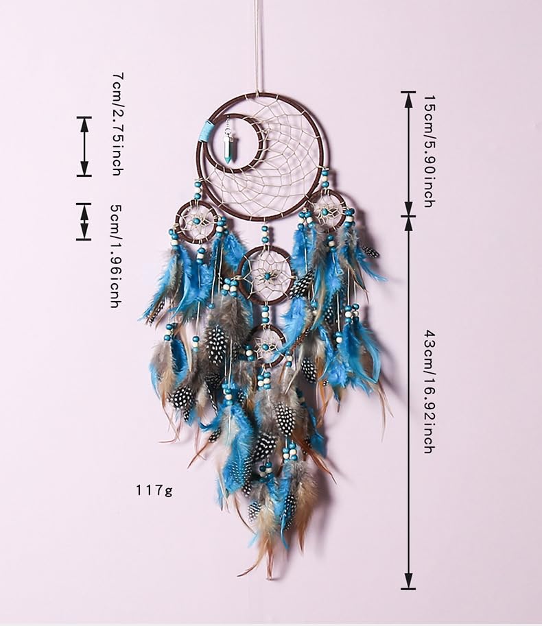 Dream Catchers 5-Layer Design with Blue Feather & Turquoise Beads, Wall Hanging Decor Wall Art, Boho Home Decoration Non-Toxic 58" Statement Piece for Girls Boys Adults - Image 3