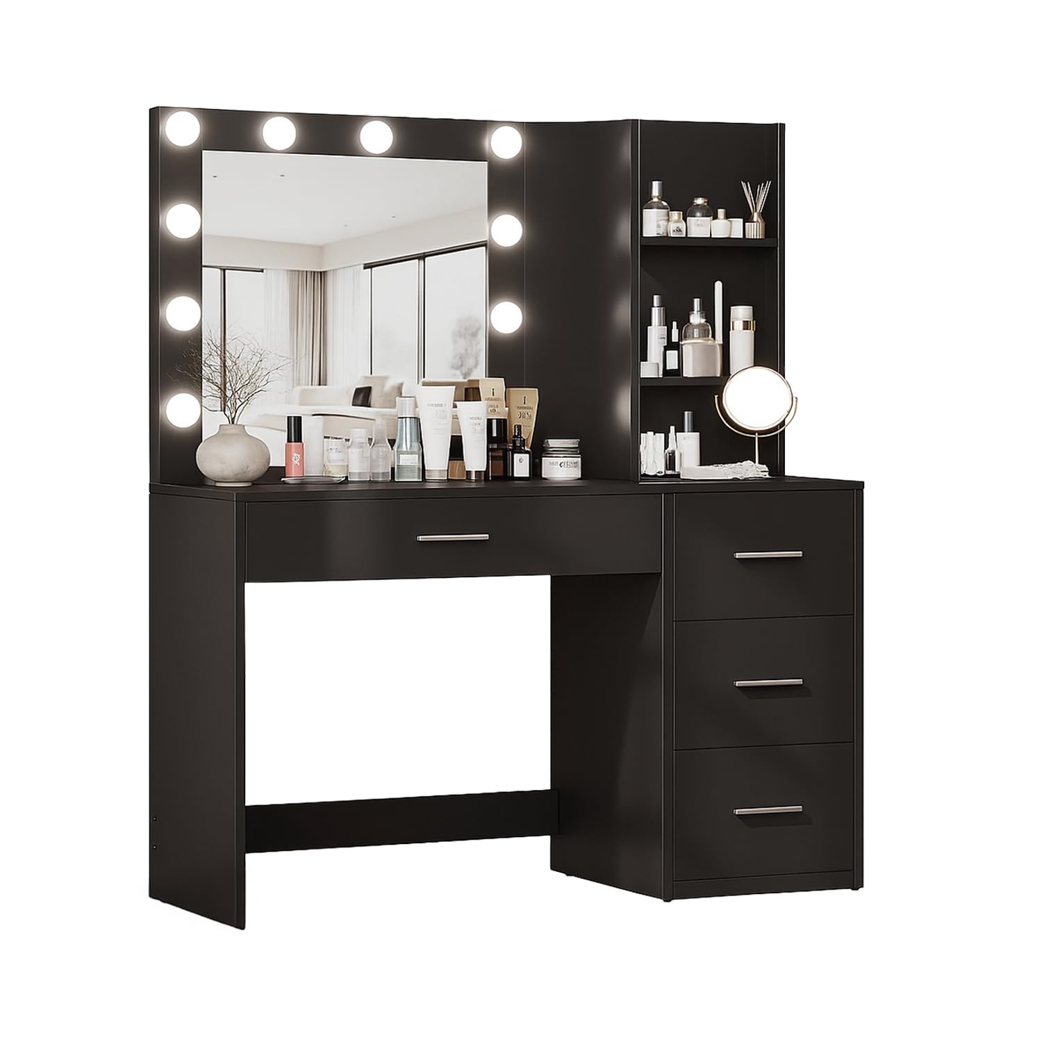 Avilia - Postazione Trucco con Specchio Trucco con Luci LED – 12 Lampadine, 3 Tonalità, 4 Cassetti, 3 Ripiani | Scrivania Trucco con Specchio, MDF, H140×L94×P40 cm, Multiuso Studio e Make-Up