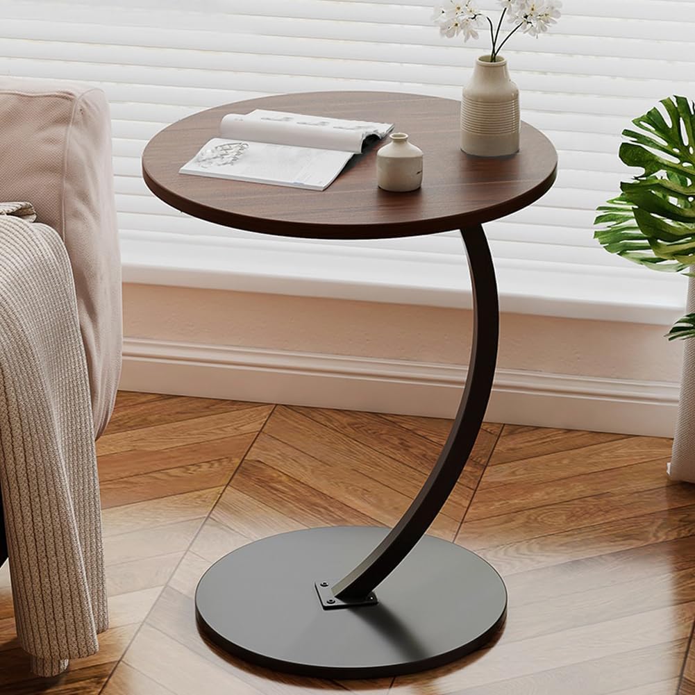 Owme C Shaped Side Table for Sofa, Modern Over Couch End Table with Metal Base & Wooden Top, Space Saving Snack Table, Living Room Coffee Table, Small Round Accent Table - Nut Brown-image-42
