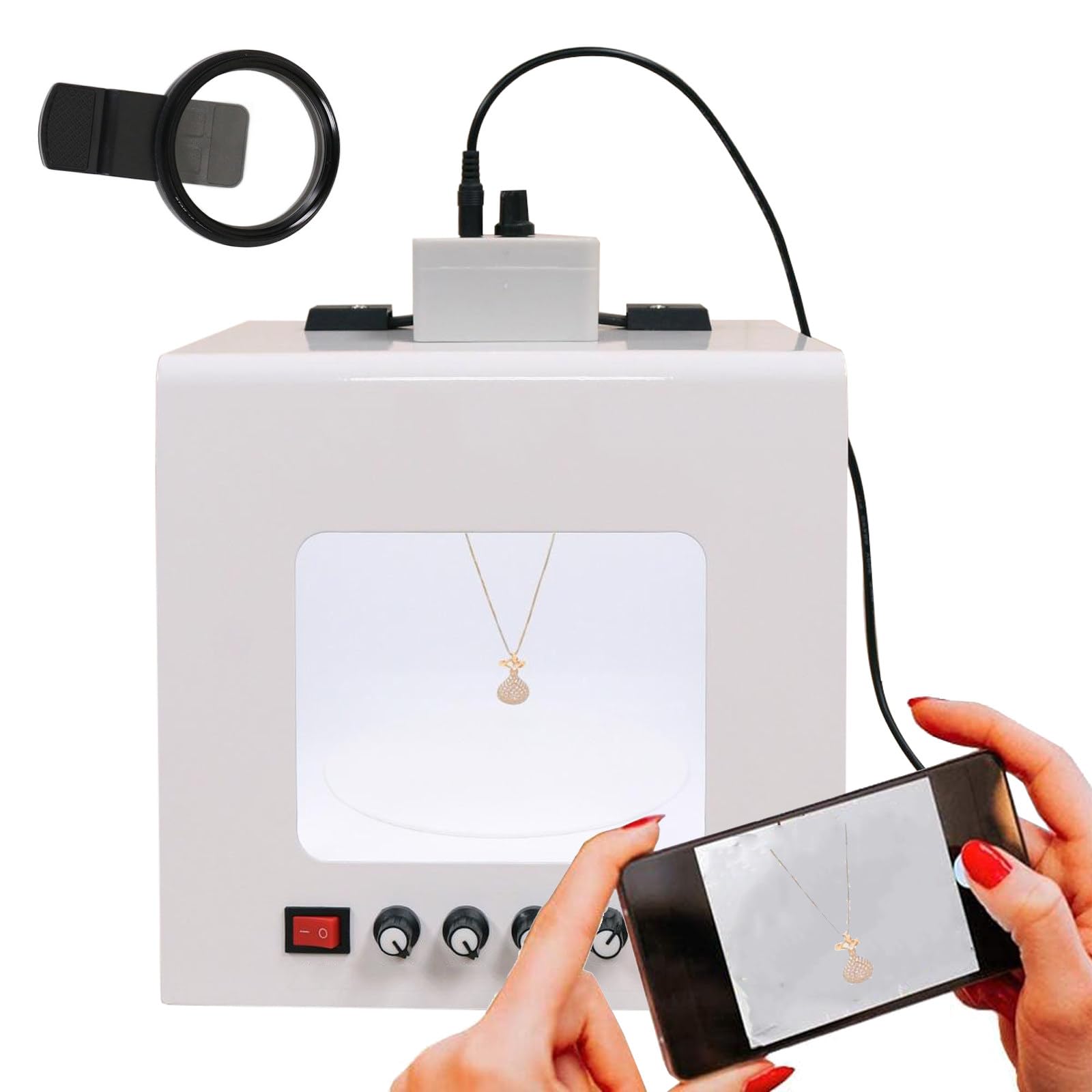 Boîte à lumière photo avec lumière LED réglable de 3000 à 5500 K et filtres étoilés, pour la photographie de bijoux, à suspendre ou à placer