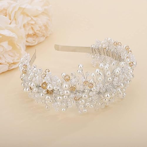Miniatura 1 de Teyglen Corona de tiara de cristal de perlas para novia, diadema de cuentas de diamantes de imitación plateadas, diosa griega, accesorios para el