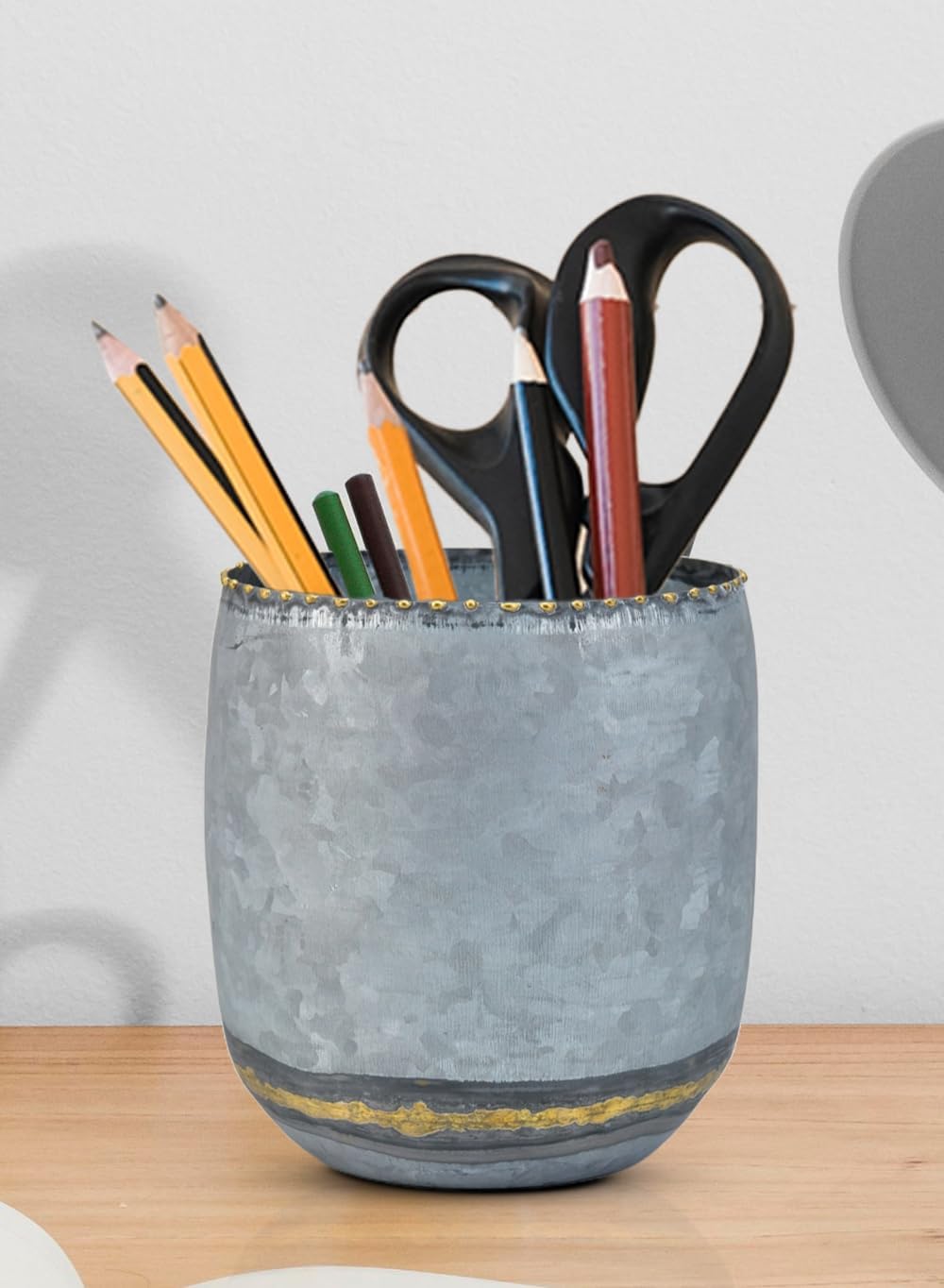 Serene Spaces Living 6" Vintique Iron Pot, Rustic Vintage-Inspired Decorative Vase, Round Grey Flower Container, Organizer, Brush Holder, Artisanal Centerpiece for Home, Office, and Event Decor