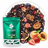 TEAVERSO New York Schwarztee Komposition mit Zitrone, Erdbeere, Cranberry, Pfirsich, Kornblume, Hochwertiger Schwarzer Tee Lose, Ausgewählte Teeblätter, Aromabeutel mit Zippverschluss, Ceylontee, 100g