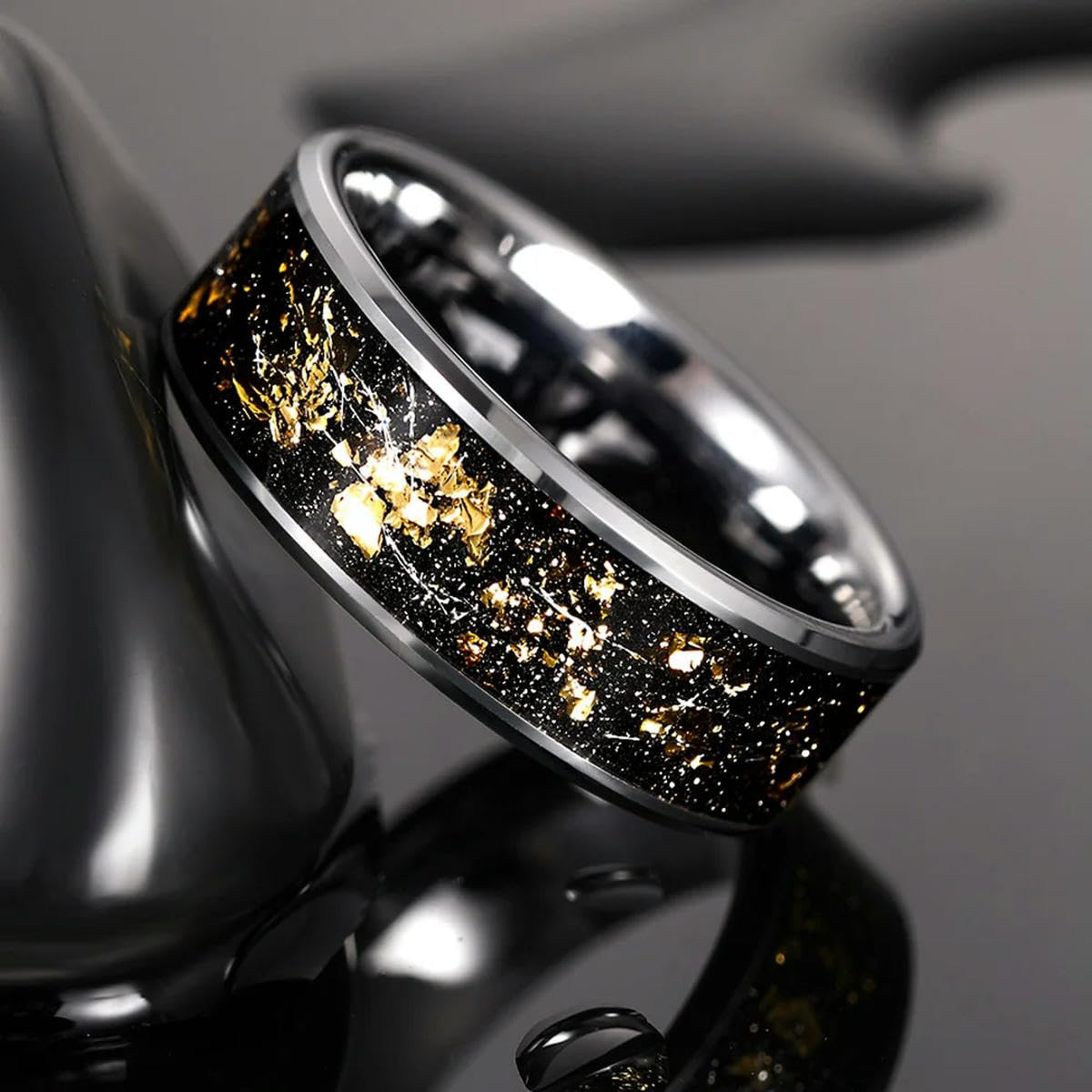 8mm Carbure De Tungstène Bague Noir Mariage Bande De Fiançailles Feuille D’Or Bague pour Hommes Biseauté Bord Confort Fit Taille 6-13