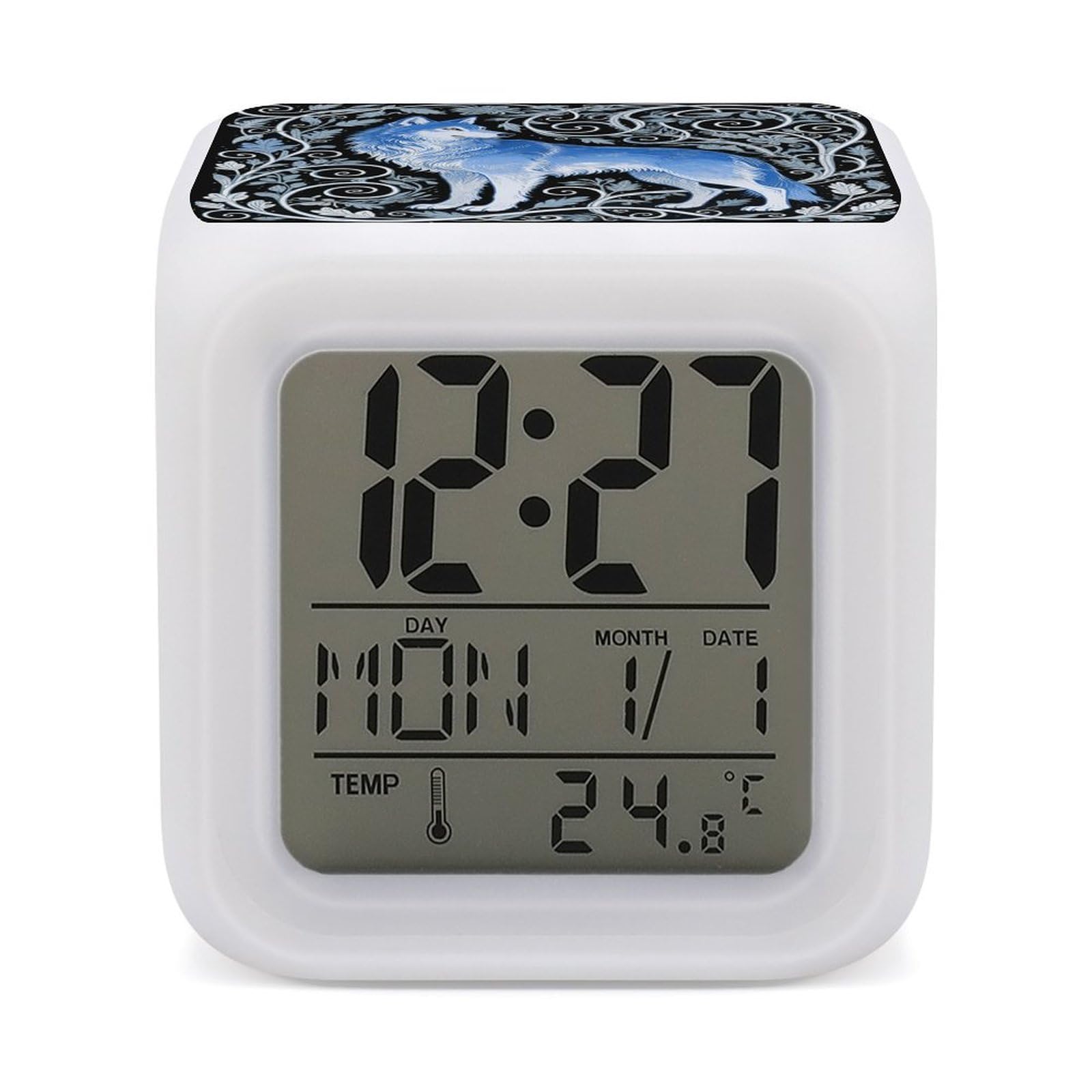 VstaDank Blue Wolf Print Digital Alarm Clock LED Display Screen Color Change Alarms Clock Smart Alarm Clock Wake Up Digital Clocks with 7 Color Nightlight for Bedroom