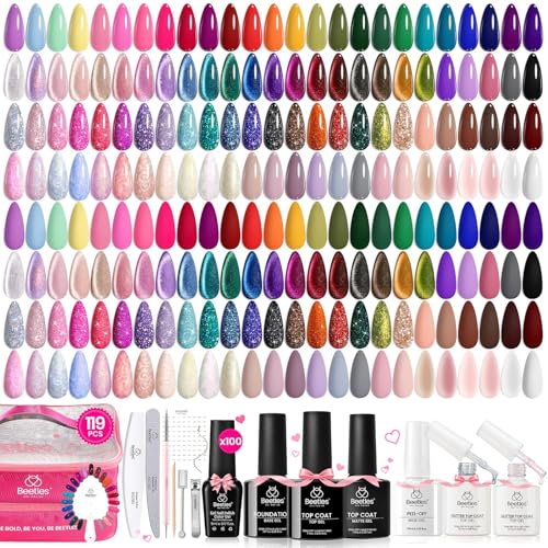 Beetles Gel Nail Polish Set 119 PCS 100 Colors Summer Gel Polish Kit with Cat Eye Jelly Glitter & Pearl Nail Gel 5Pcs Base Top Coat Soak Off UV LED Gel Polish for Home Manicure Nail Art