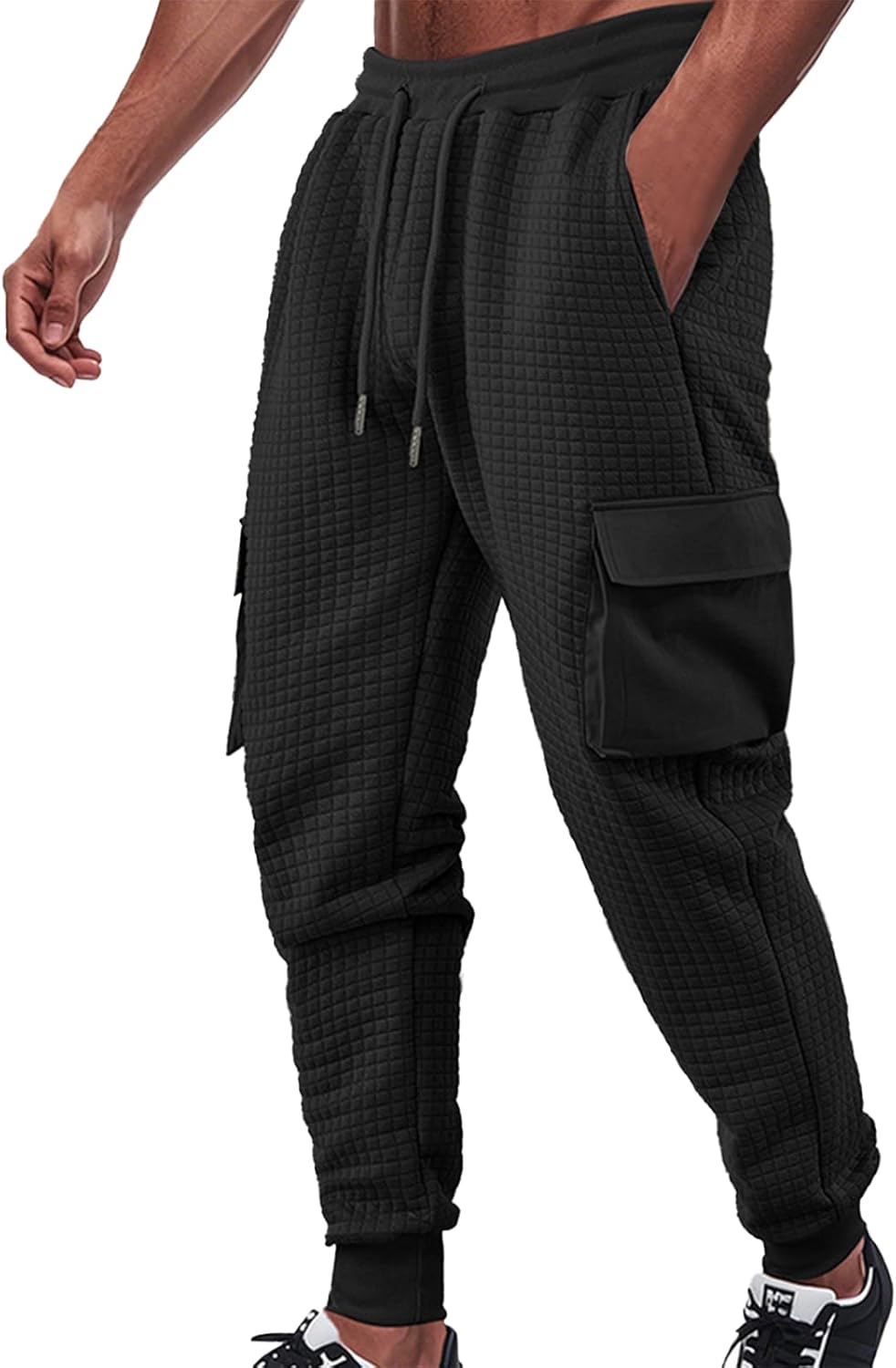 Waffle Sweatpants for Men Solid Color Street Hip Hop Loose Fit Casual Lounge Fall Drawstring Pants with Pockets