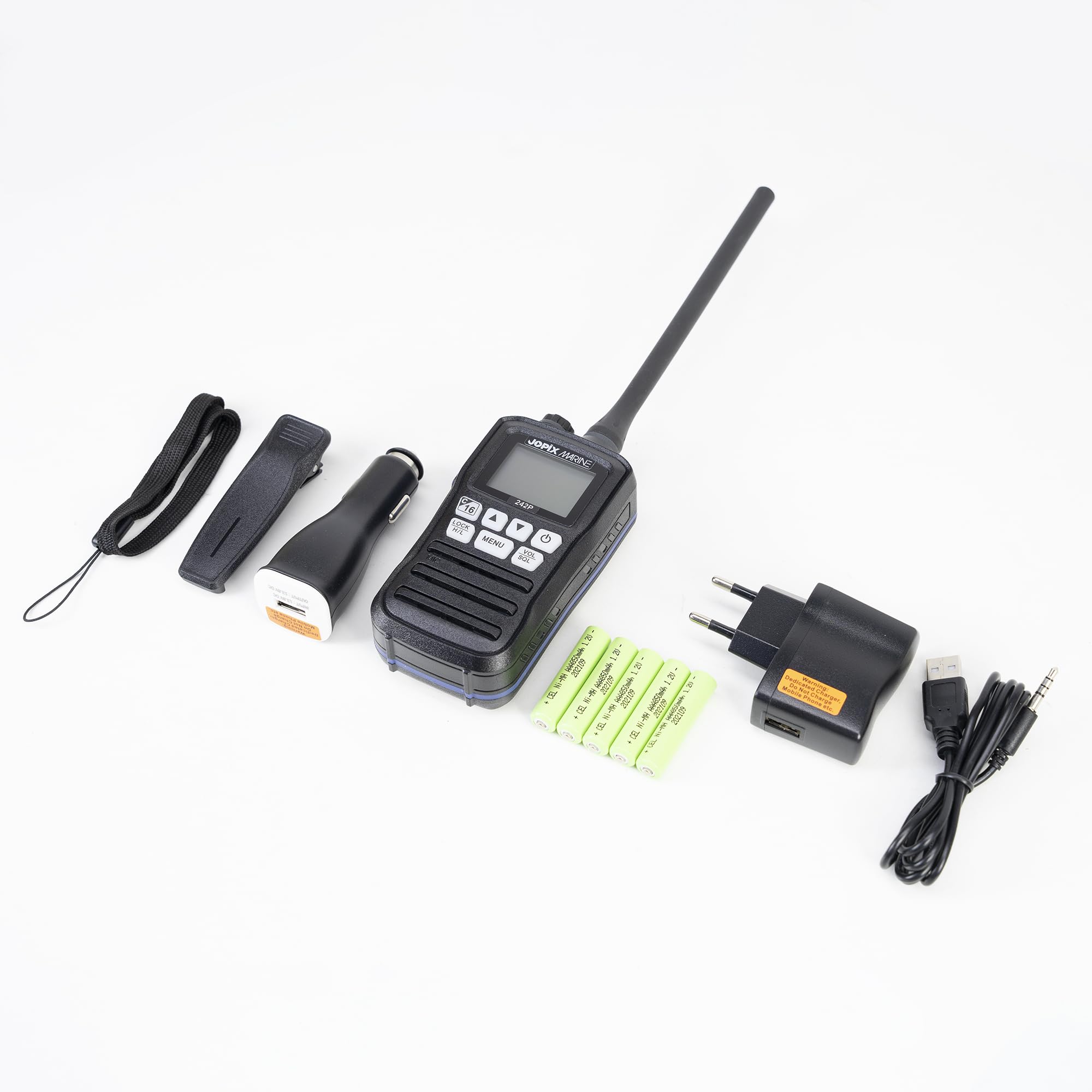 Jopix Marine 242P Talkie-Walkie VHF Maritime Flottant – Étanche IP67, Triple Veille, Canal 16 Direct, Chargement USB et Allume-Cigare, Ultra-Léger
