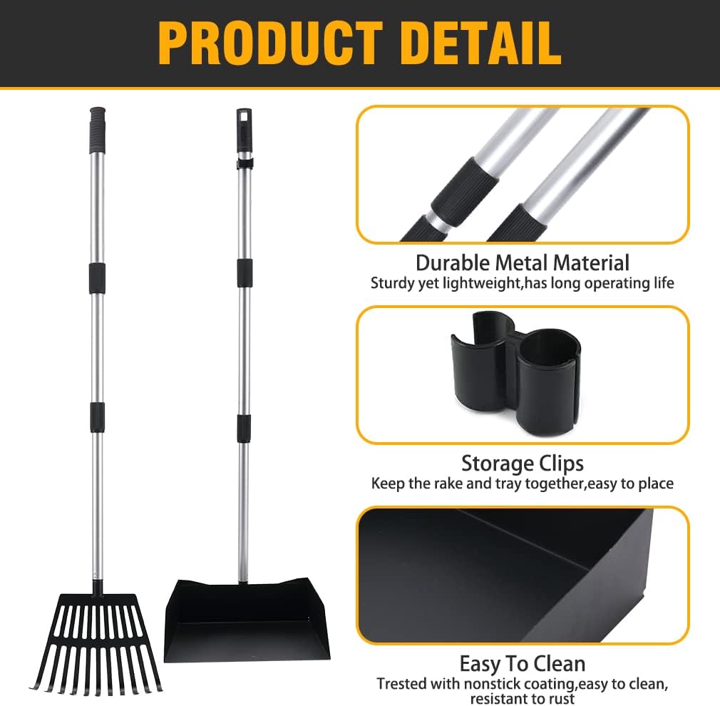 BINGPET Pooper Scooper for Large & Small Dogs, Adjustable Long Handle Dog Pooper Scoopers with Metal Poop Tray and Rake Set, Heavy-Duty Clean Tools for Pet Waste, Yard Dirt, Grass