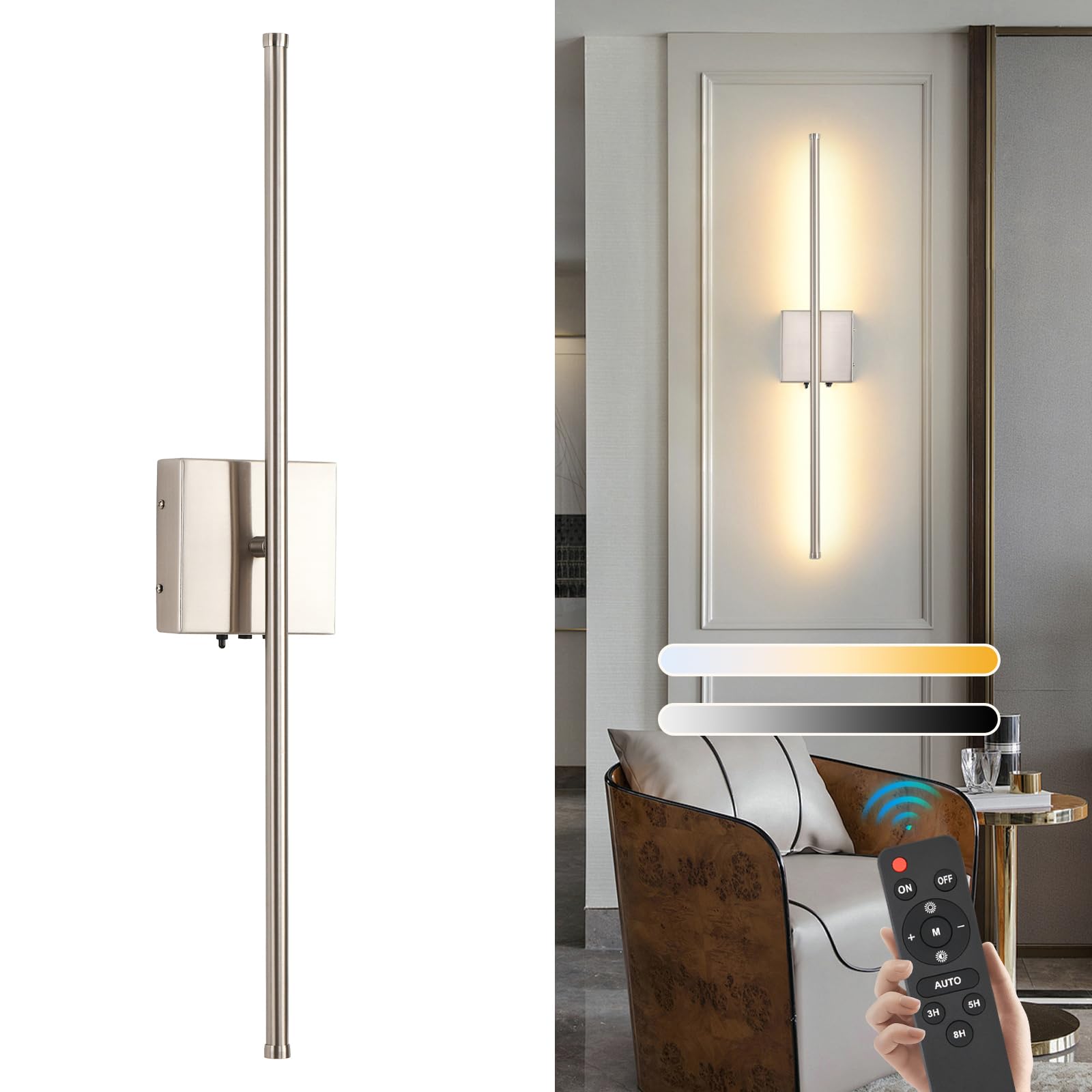 Wireless Battery Operated Wall Sconces, 11000mAh Rechargeable Brushed Nickel Wall Light with Remote Control, 350°Rotate Dimmable Wall Lamp, 3 Color Temperatures, for Bedroom Living Room Hallway, 1 PCS