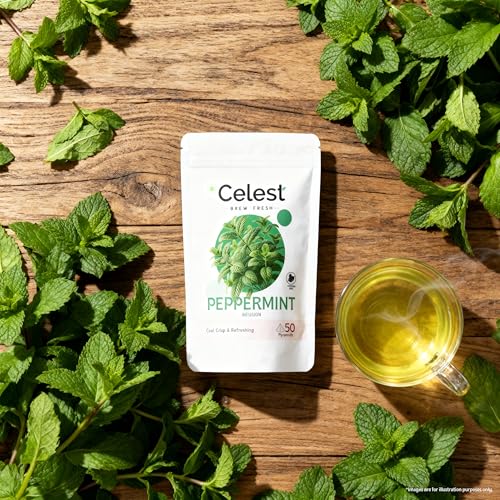 Image of Celest Peppermint Tea Bags 50 Count | Pure Mint Herbal Infusion | Caffeine Free Beverage | Premium Peppermint Leaves | Pyramid Sachets