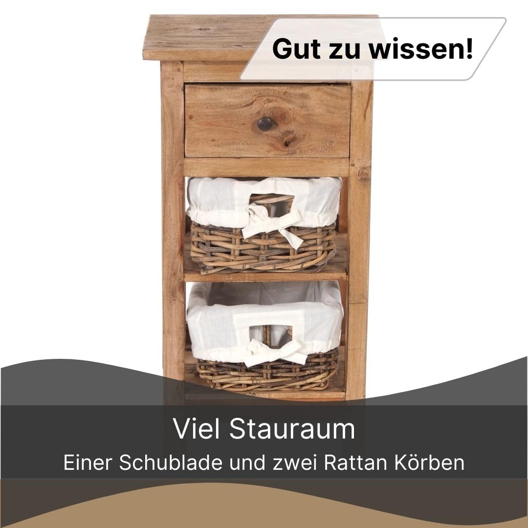 DESIGN DELIGHTS TELEFONTISCH Tower | 70x38x28cm (HxBxT), Holz Flurtisch Recyclingholz, mit 2 Rattan Körben und Schublade | Beistelltisch, Flurtisch