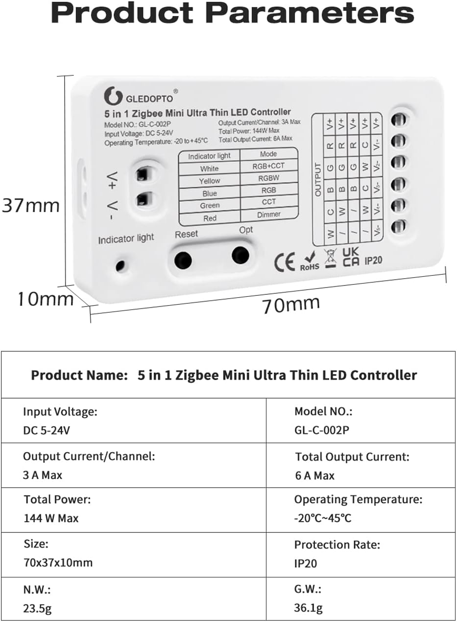 Product dimensions and specifications for GL-C-002P controller