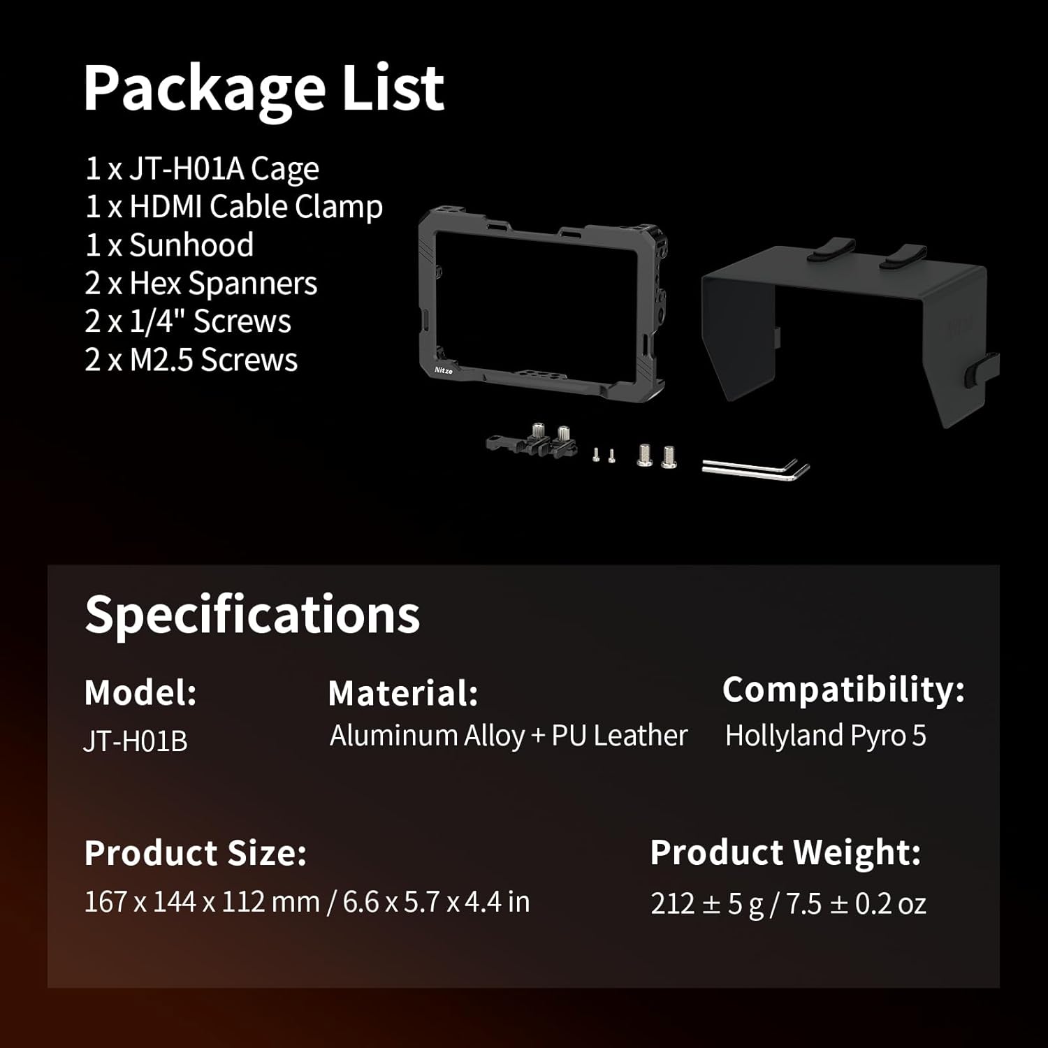 Nitze Monitor Cage for Hollyland Pyro 5, with Sunhood and HDMI Cable Clamp - JT-H01B