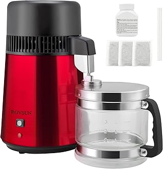 ROVSUN【Upgraded】 1.1 Gallon/4L Water Distiller Stainless Steel with Glass Container, Countertop Distilled Water Machine, Distilled Water Maker Purifier, 750W for Home, 1L/H, Red