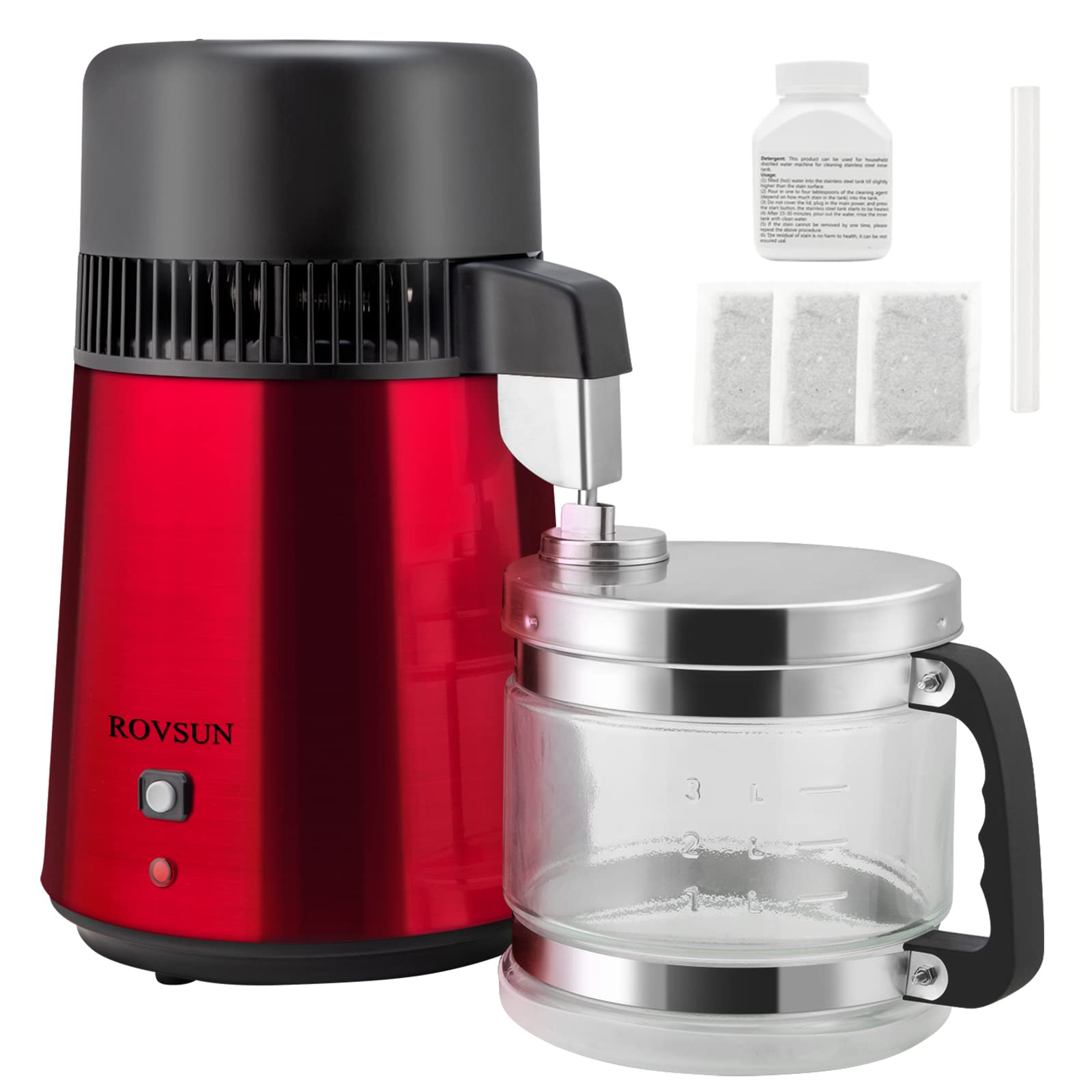 ROVSUN【Upgraded】 1.1 Gallon/4L Water Distiller Stainless Steel with Glass Container, Countertop Distilled Water Machine, Distilled Water Maker Purifier, 750W for Home, 1L/H, Red