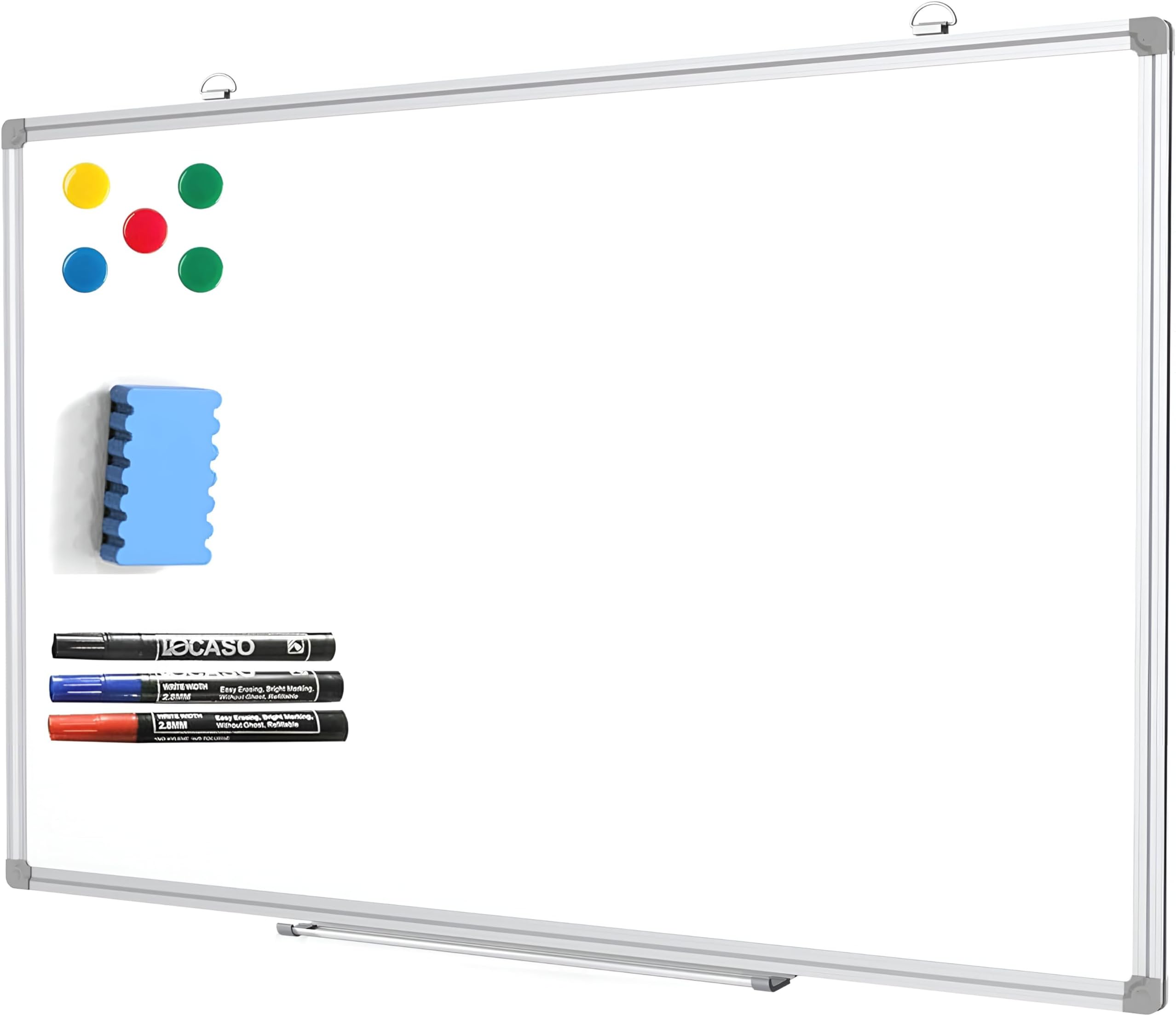 Magnetic Whiteboard (W900xH600mm) Office Supplies Dry Erase Cleaner Wipe White Board Lightweight Aluminium Trim with Pen Tray Assorted Colours 3X Markers 5X Magnets 1x Eraser 90x60cm