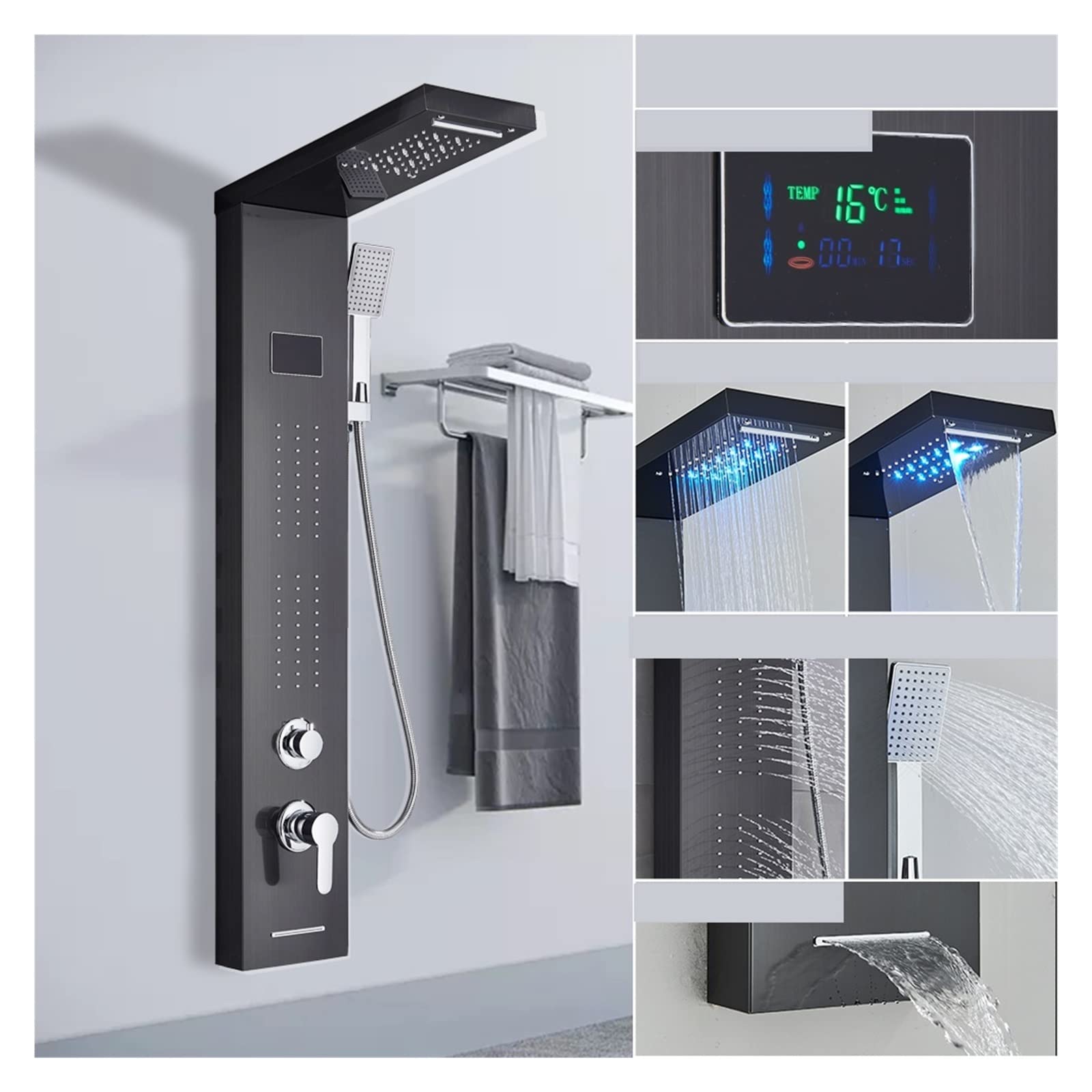 a Torre for Pannello Doccia in Acciaio Inossidabile Pannello Doccia a LED 5 funzioni Rubinetto Doccia for Bagno Montaggio a Parete Colonna Doccia Fredda e Calda Nera(8011 Black)