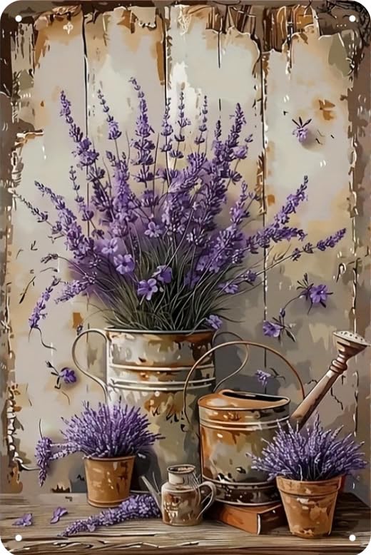 Flower Bunch Retro Lavender Tin Signs Botanical Theme Vintage Metal Signs for Rustic French Country, Bathroom, Garden, Farmhouse Bar Cafe Wall Decor, Gifts for Women, 8 x 12 inches (Lavender)