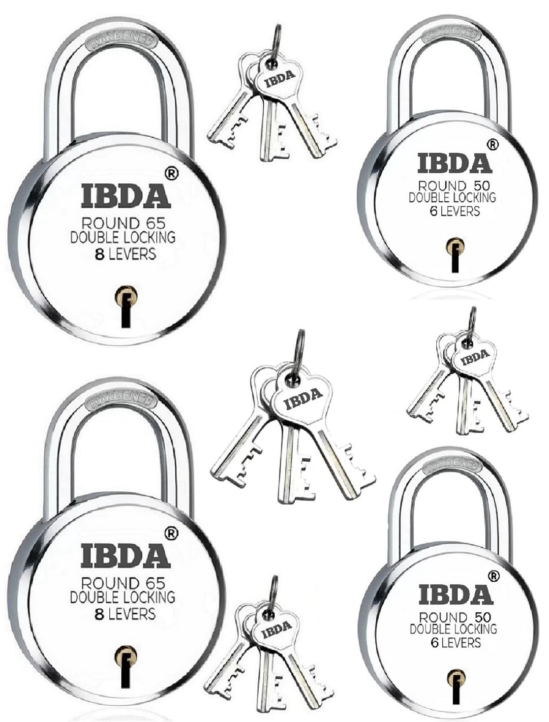 IBDA Lock and Key Buy 2 65mm GET 2 50mm Free | Double Locking | High Security Technology | Rivetless Steel Padlock | Lock for Home, Shutter, gate, Door, kadi, Channel, Chain, Shop, School, Warehouse