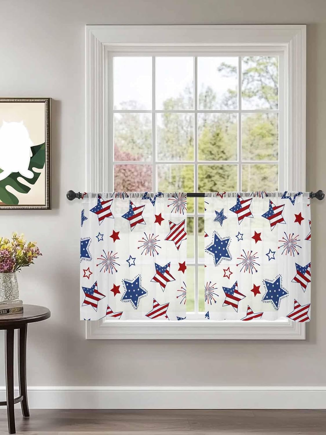 Patriotic Star Sheer Curtains 45 Inch Long 2 Panels, Independence Day American Flag 4th of July Light Filtering Window Sheer Curtains, Rod Pocket Voile Drapes for Living Room Bedroom, 52”x45”