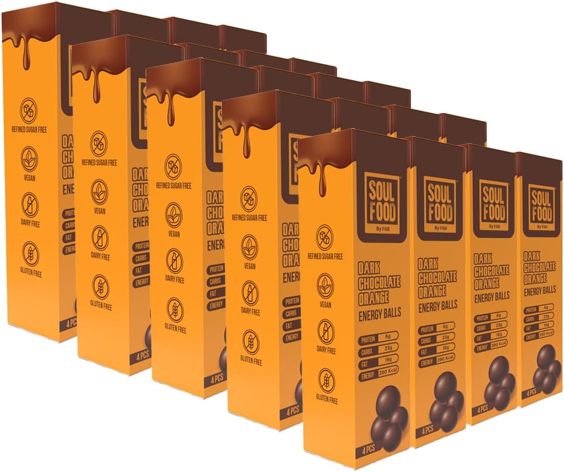 Soul Food Dark Chocolate Orange Energy Ball - Gluten-Free, Vegan, and Delicious 60g - Pack of 24