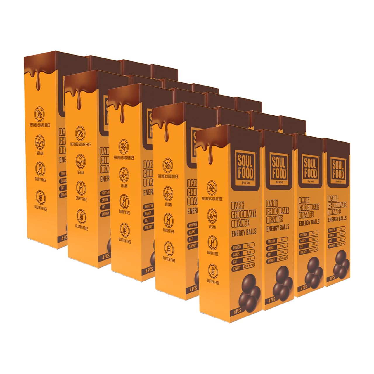 Soul Food Dark Chocolate Orange Energy Ball - Gluten-Free, Vegan, and Delicious 60g - Pack of 24