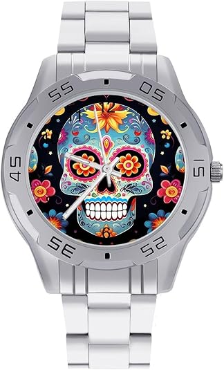 Sugar Skulls Watches for Mens Wrist Watches Business Stainless Steel Band Watch Fashion Classic Luxury Dress Watch Casual Lightweight Watches for Party Daily Wear & Gift