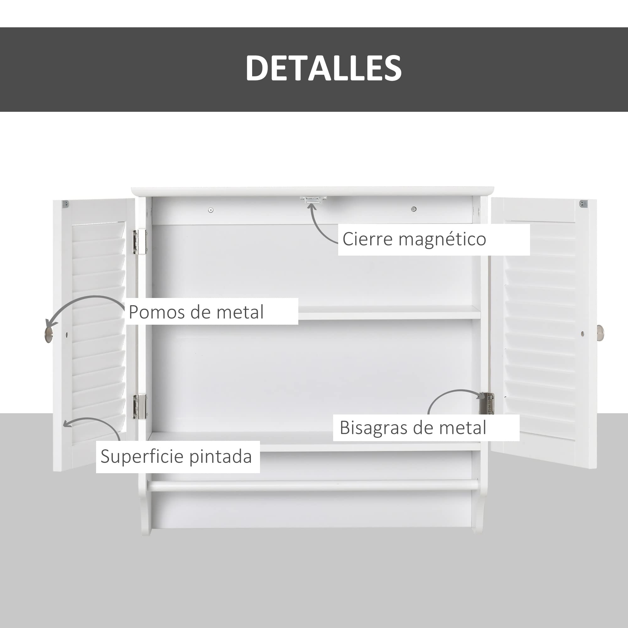 kleankin Armario Baño de Pared 2 Puertas de Persiana 60x23x60 cm Blanco | Estante Interior, Barra de Toallero, Mueble Auxiliar Suspendido, Moderno, Multiusos para Cocina