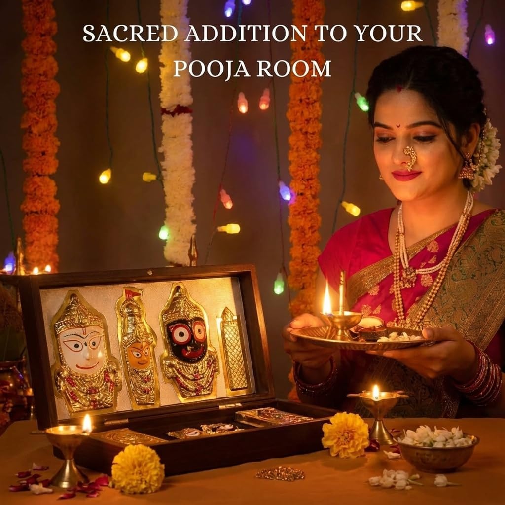Puri Jagannath Pocket Temple for Pooja Room I Gold Plated Decorative Photo Frame & Charan Paduka | Best Gift for Family & Friends, Diwali Gift & Home Decor - 21.3 cm