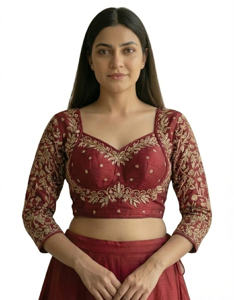Red Embroidered Silk Blend Blouse for Women, Ethnic V-Neck Loge Sleeve Stylish Top, Traditional Indian Festival, Lightweight Cotton Blend | Ready Size 38 (Alterable 36-40)