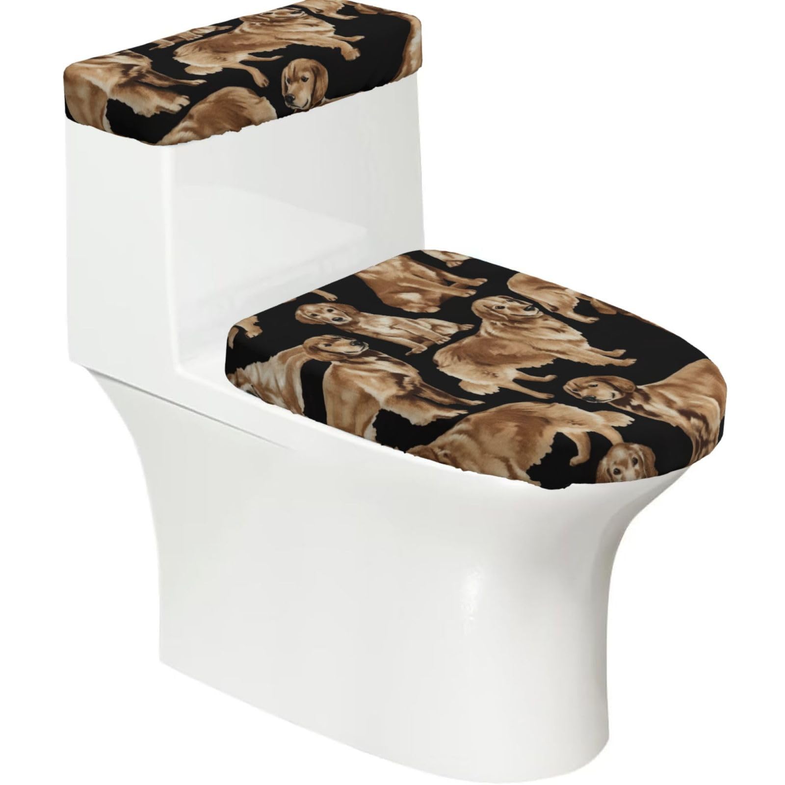 Flghjnbjn Black Golden Retrievers Printed Toilet Tank And Lid Cover Set Of 2 For Most Bathrooms, Fits Elongated Round Toilets