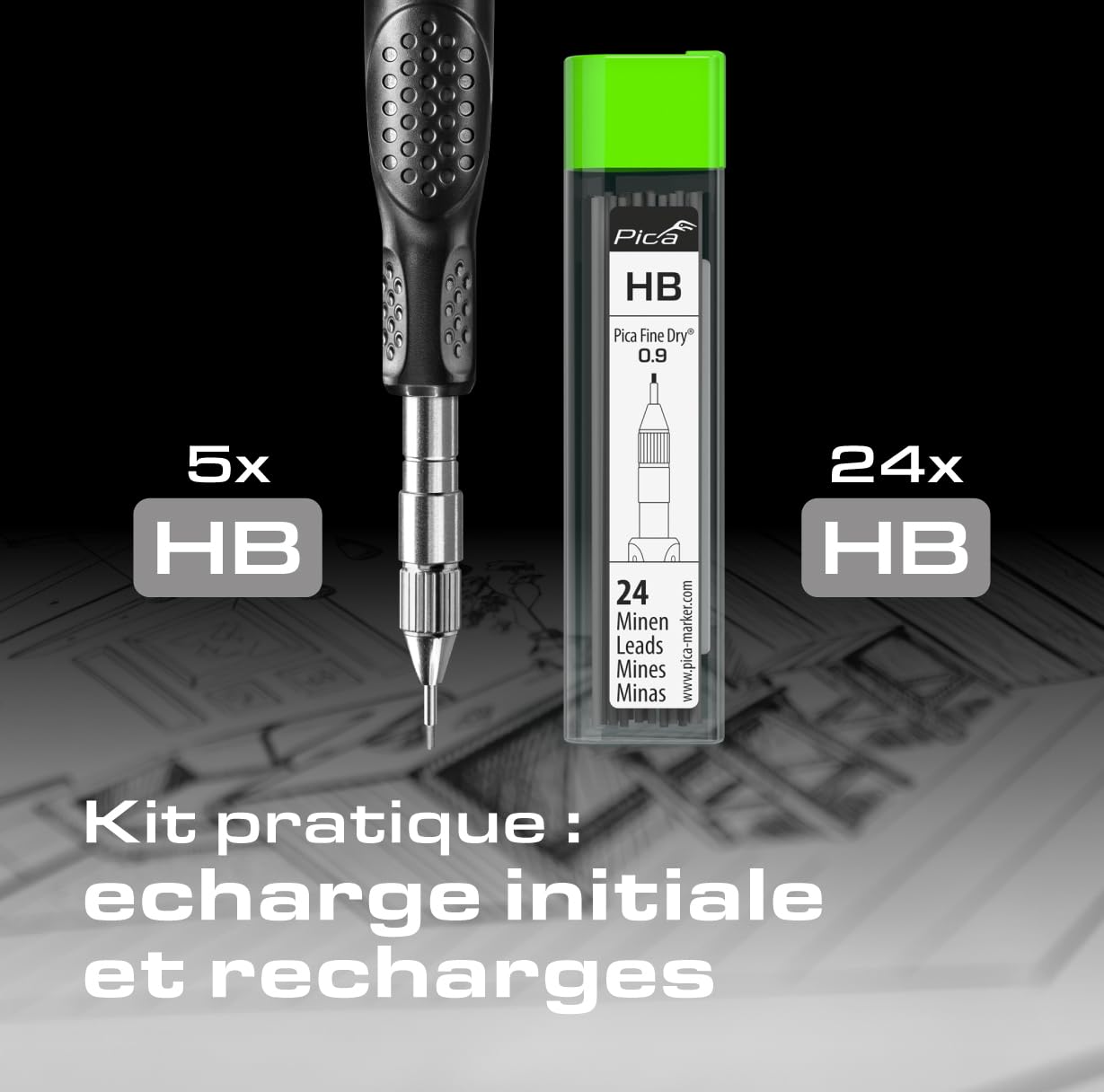 Pica Bundle Fine Dry 70703 I Porte-mine avec mines spéciales 0,9 mm | Comprend Fine Dry 7070 I 29 mines graphite H I rechargeable I idéal pour des marquages précis
