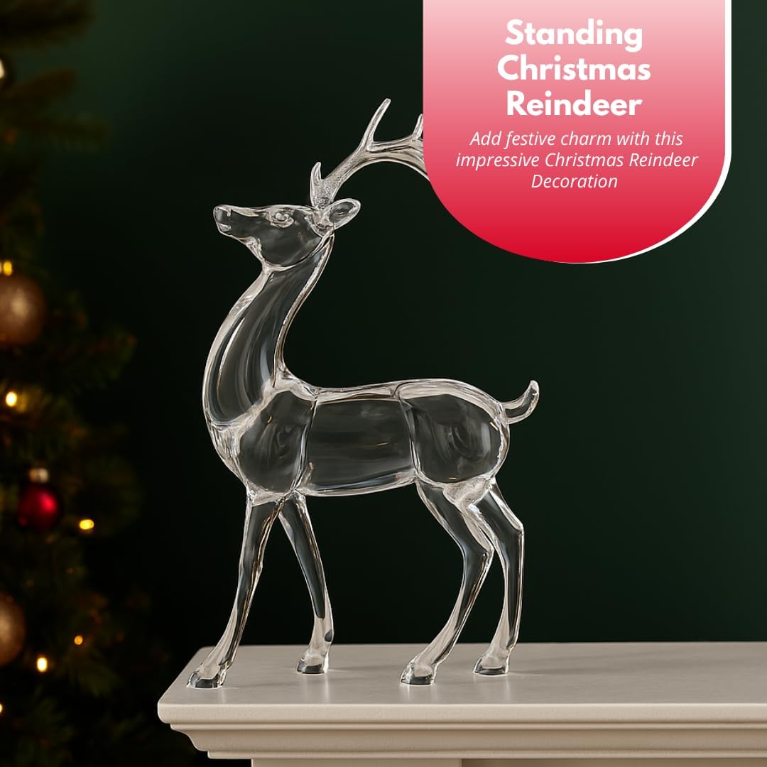 Marco Paul 24cm Standing Reindeer Christmas Ornament Clear Acrylic Stag Figurine Indoor Xmas Decoration Seasonal Holiday Home Décor Display