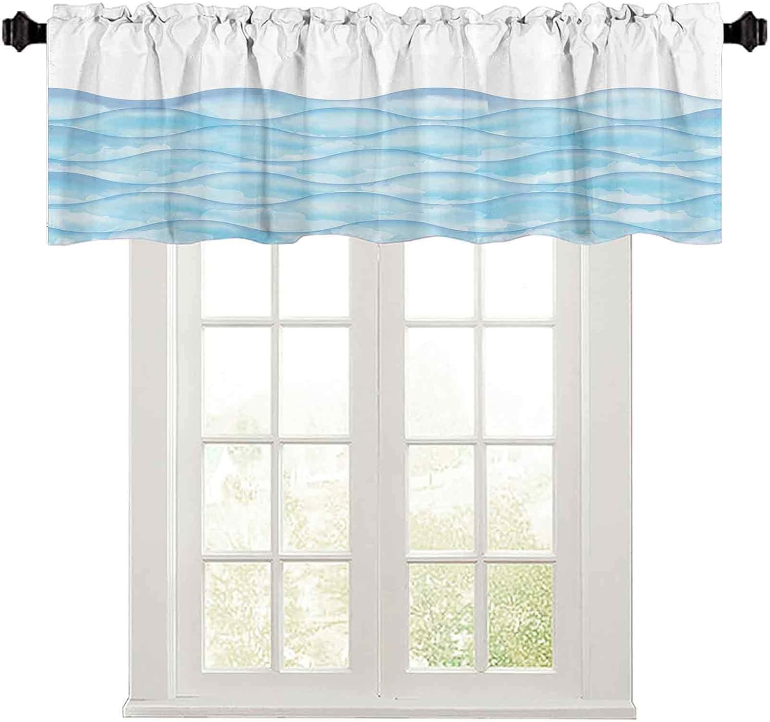 Kitchen Curtain Valance, 50" W x 18" L Sea Waves Illustration with Dynamic Features Liquid Ocean Motion Water Artsy Image L Thermal Insulated Blackout Valance Curtain Light Blue White