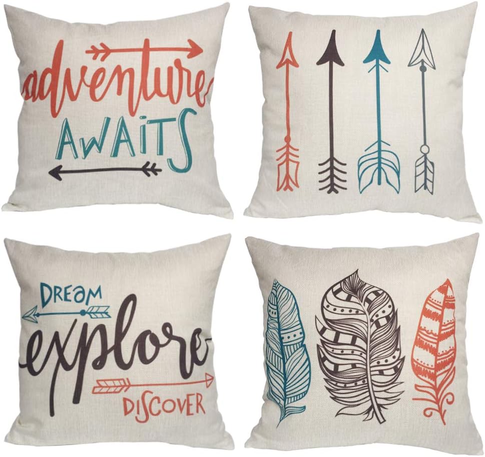 Feather Arrows Throw Pillow Case Inspirational Words Cushion Cover Home Decorative Square Pillowcases 18×18 Inch,4pack(Adventure Awaits,Dream Explore Discover, Ethnic Arrows, Feathers)