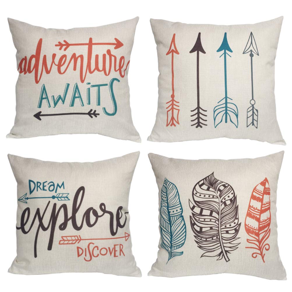 Feather Arrows Throw Pillow Case Inspirational Words Cushion Cover Home Decorative Square Pillowcases 18×18 Inch,4pack(Adventure Awaits,Dream Explore Discover, Ethnic Arrows, Feathers)