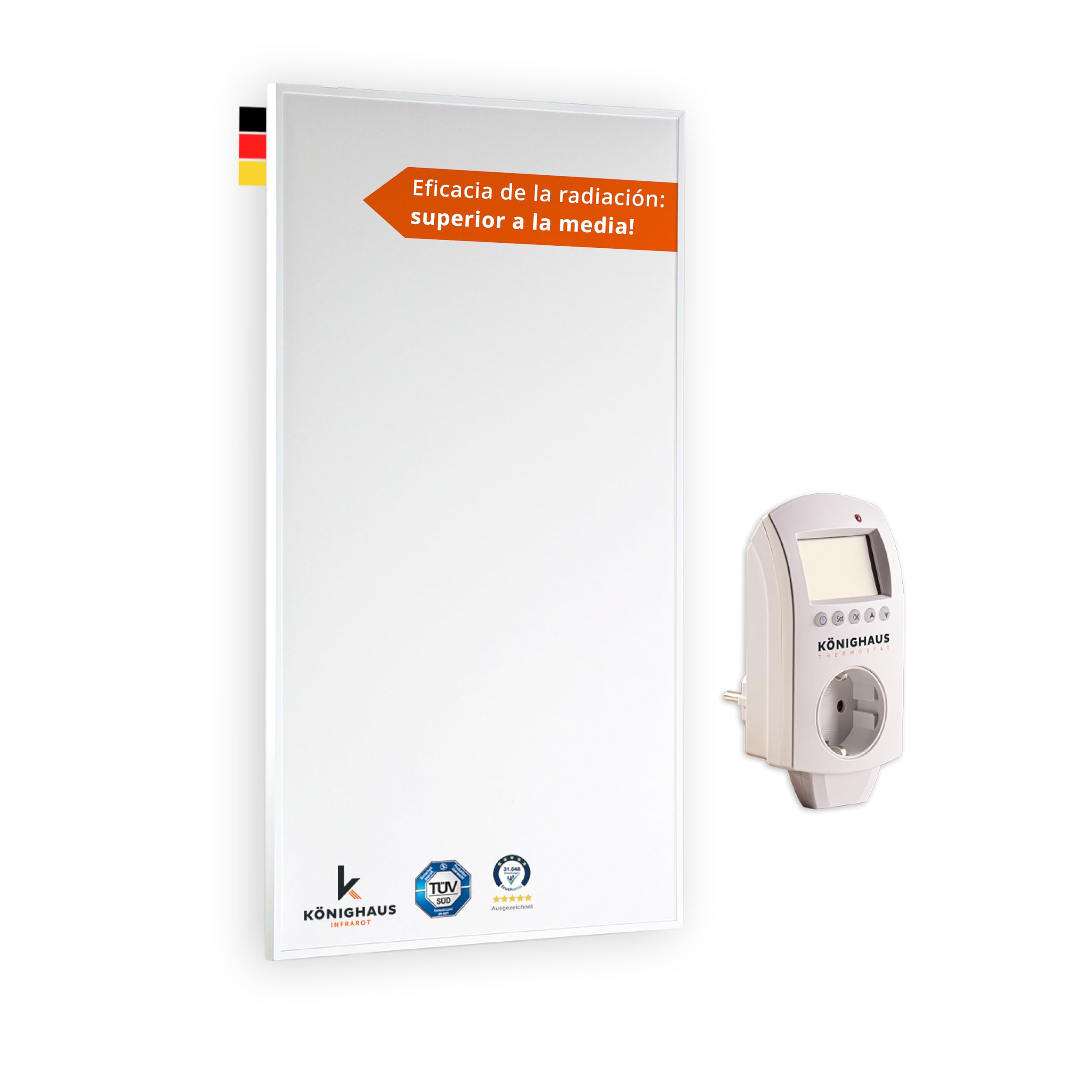 Könighaus Calefacción de Infrarrojos - 1200 Vatios - Certificado ✓ Doble Protección contra Sobrecalentamiento ✓ se Calienta en 2-4 Minutos ✓ Montaje en Pared ✓ con termostato | 5 años de garantÃa del fabricante, doble protección contra sobrecalentamiento, montaje en pared