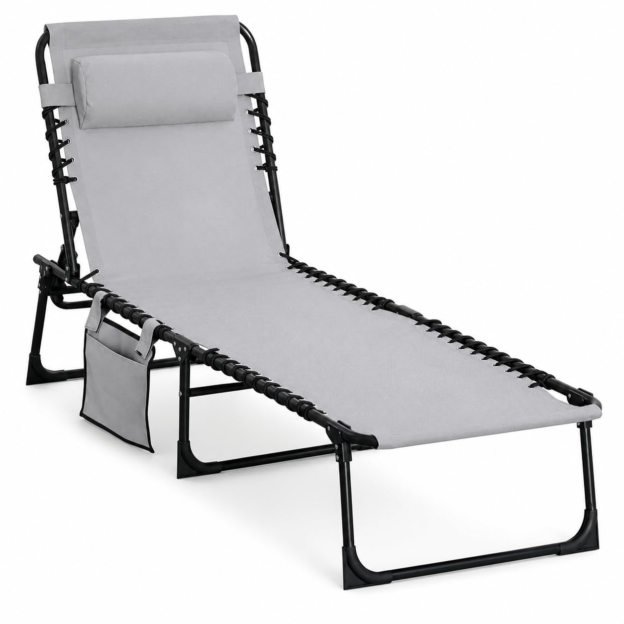 Folding Sun Lounger Outdoor Sunbed Portable, 5-Position Adjustable Backrest with Pillow, Side Pocket Garden Recliner Chair, 600 D Oxford Fabric Seat for Deck, Patio, Poolside, Beach, Camping Grey