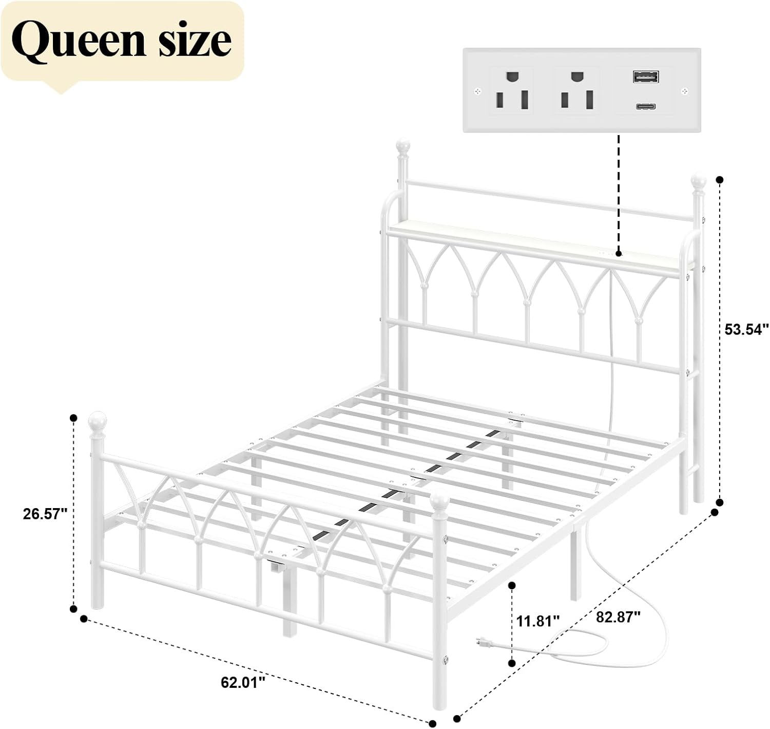 E-Ser Queen Size Metal Platform Bed Frame with Storage Headboard, Bed Frame with LED Light, Built in Charging Station, Heavy Duty Metal Slats, No Box Spring Needed, Noise-Free, Easy Assembly, White