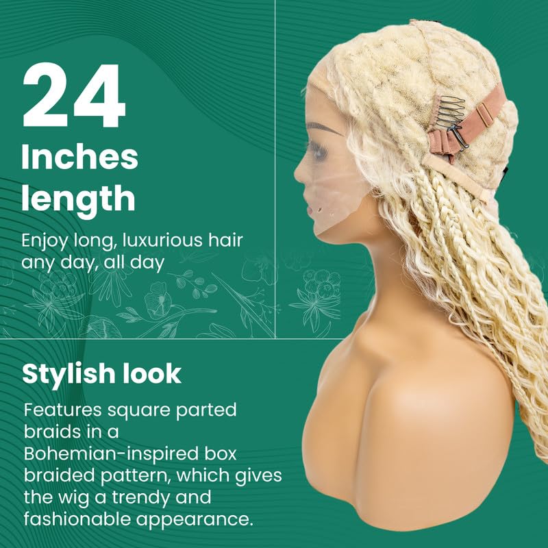 PIB 24" - Single Full Lace Braid Wig – Boho Box Braided Wig Square Parted, Knotless Braided Wigs for Black Women, Synthetic Lace Wigs with Natural Baby Hair (613, Platinum Blonde)